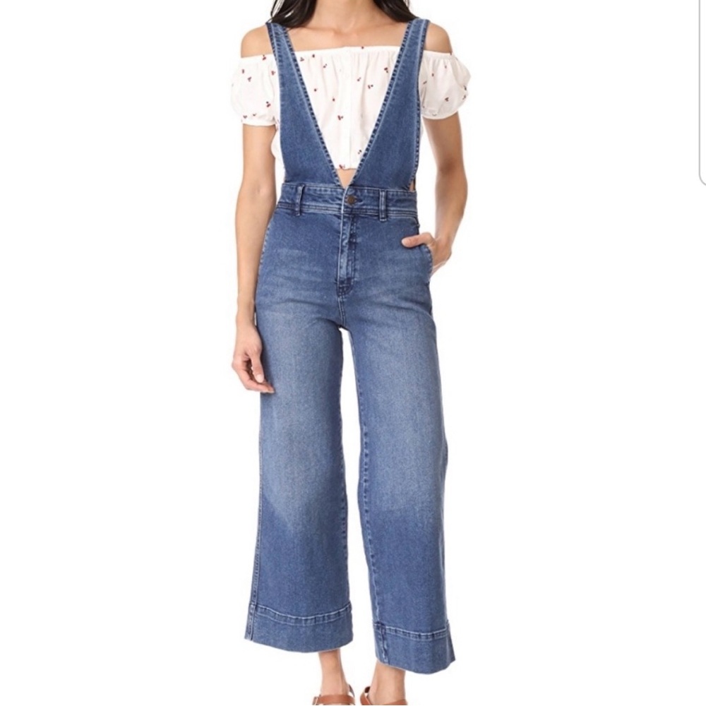 Free People A-Line Medium to Light Wash Overalls Size 12